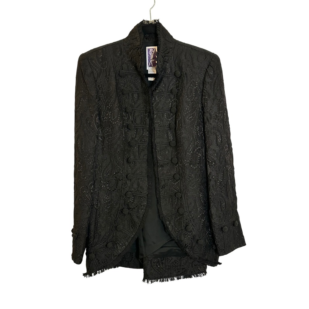 Zelda Jacquard Military Jacket Size 8 Black Paisley Fringe Buttons Open Front